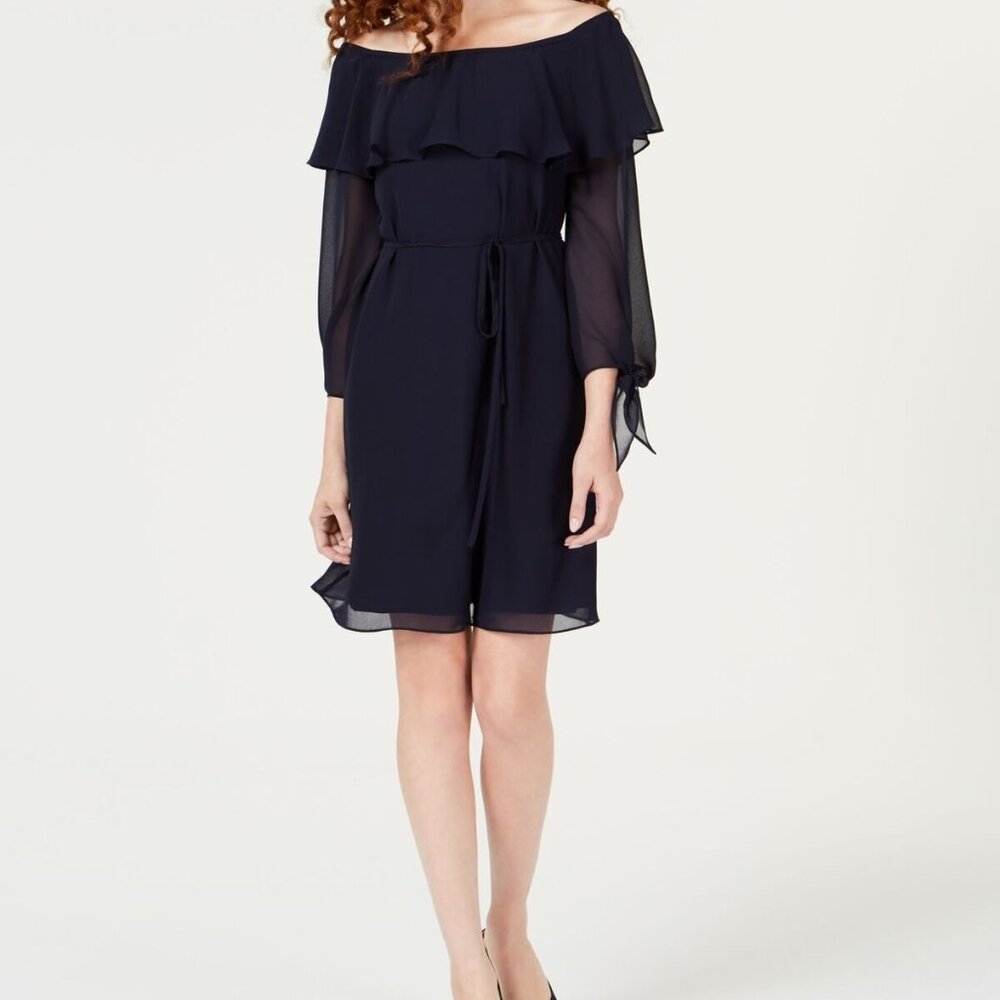 Maison Jules Womens Navy Tie-sleeve Sheer Overlay Cocktail Dress